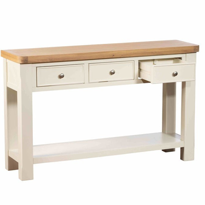 Burford console table with one drawer slightly open on a white background