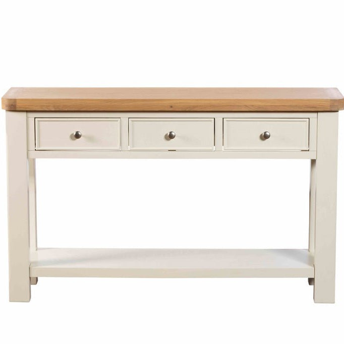 Front view of the Burford console table showing three drawers and the full lower shelf