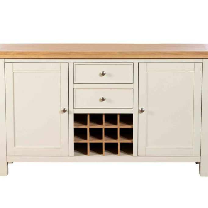 Front view of the Burford wide sideboard showing the twelve-bottle wine rack