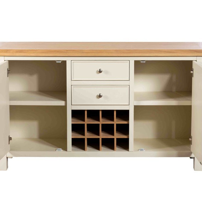 Interior view of the wide sideboard with cupboard doors open showing shelving