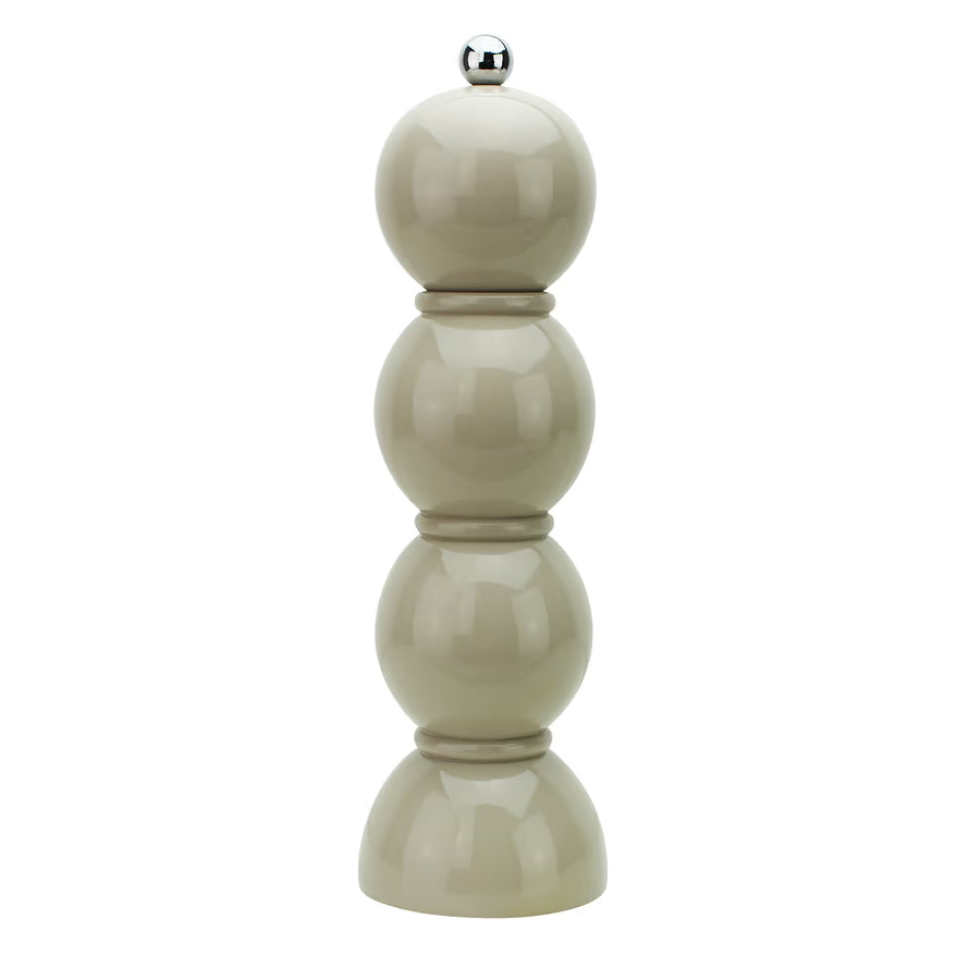 High-gloss cappuccino bobbin salt and pepper grinder showing the glass-like shine and four-tier silhouette