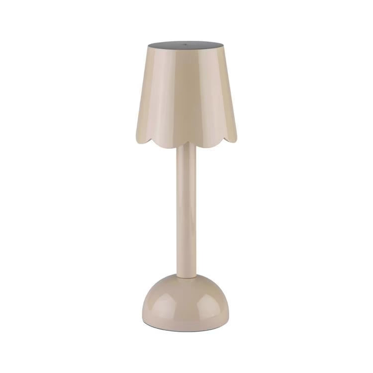 A portable scallop LED lamp in a glossy cappuccino lacquer finish against a plain white background.