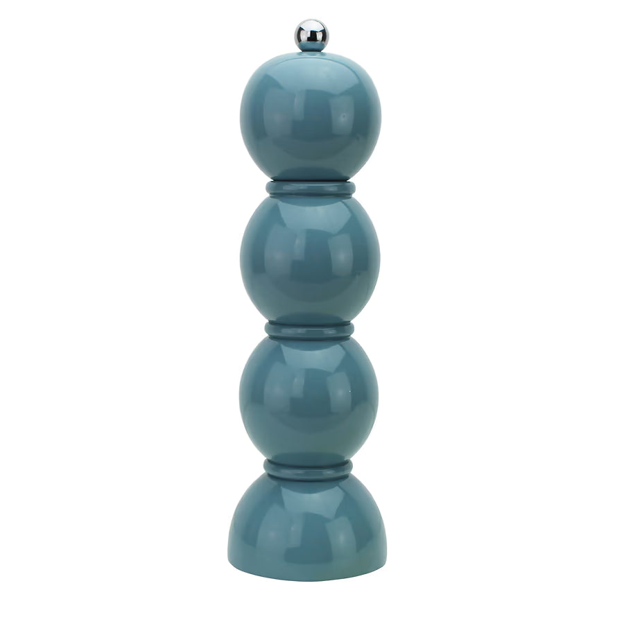 Bobbin salt and pepper grinder in a high-gloss chambray blue lacquer finish standing against a white background.