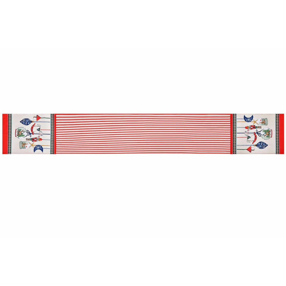 Full-length view of a 230cm cotton table runner with stripes and illustrated ornament ends.