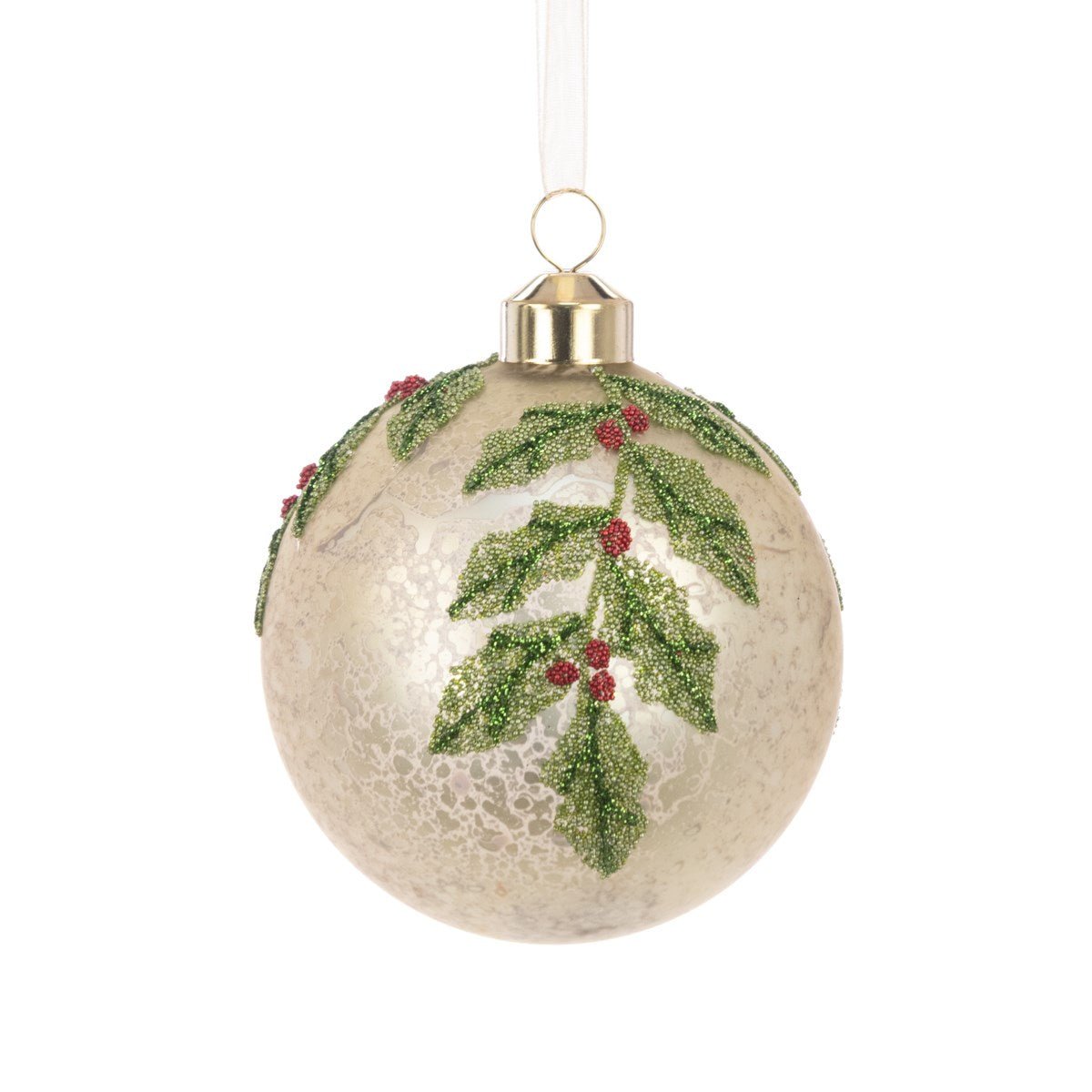 Cream Holly Glass Bauble 8cm - Angela Reed - Christmas Decorations