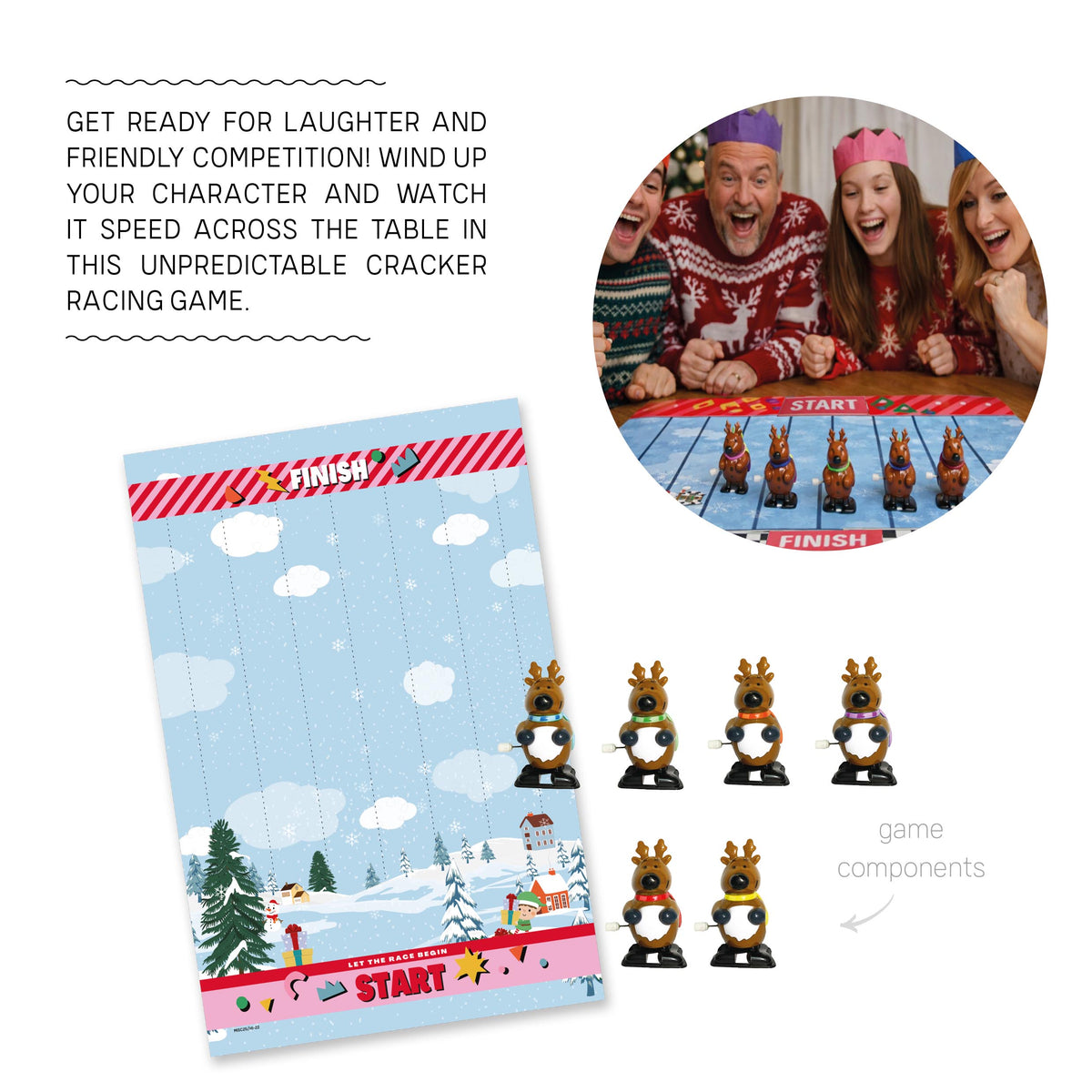 Racing Game components showing six reindeer characters with different coloured collars and a race track