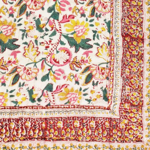 Dark Red, Green and Mustard Floral Print Cotton Bedspread