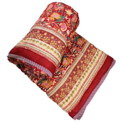 Dark Red, Green and Mustard Floral Print Cotton Bedspread