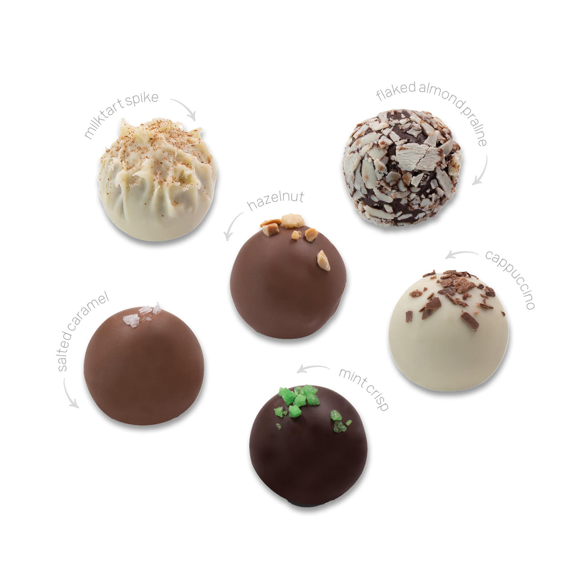 Close-up of six gourmet chocolate truffles including salted caramel, hazelnut, and mint crisp flavours.