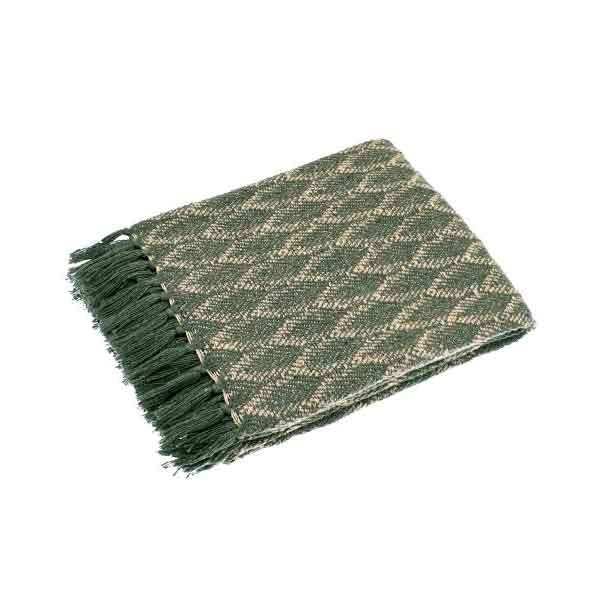 Folded Elm Green recycled cotton throw showing diamond weave pattern and dark green fringed edges.