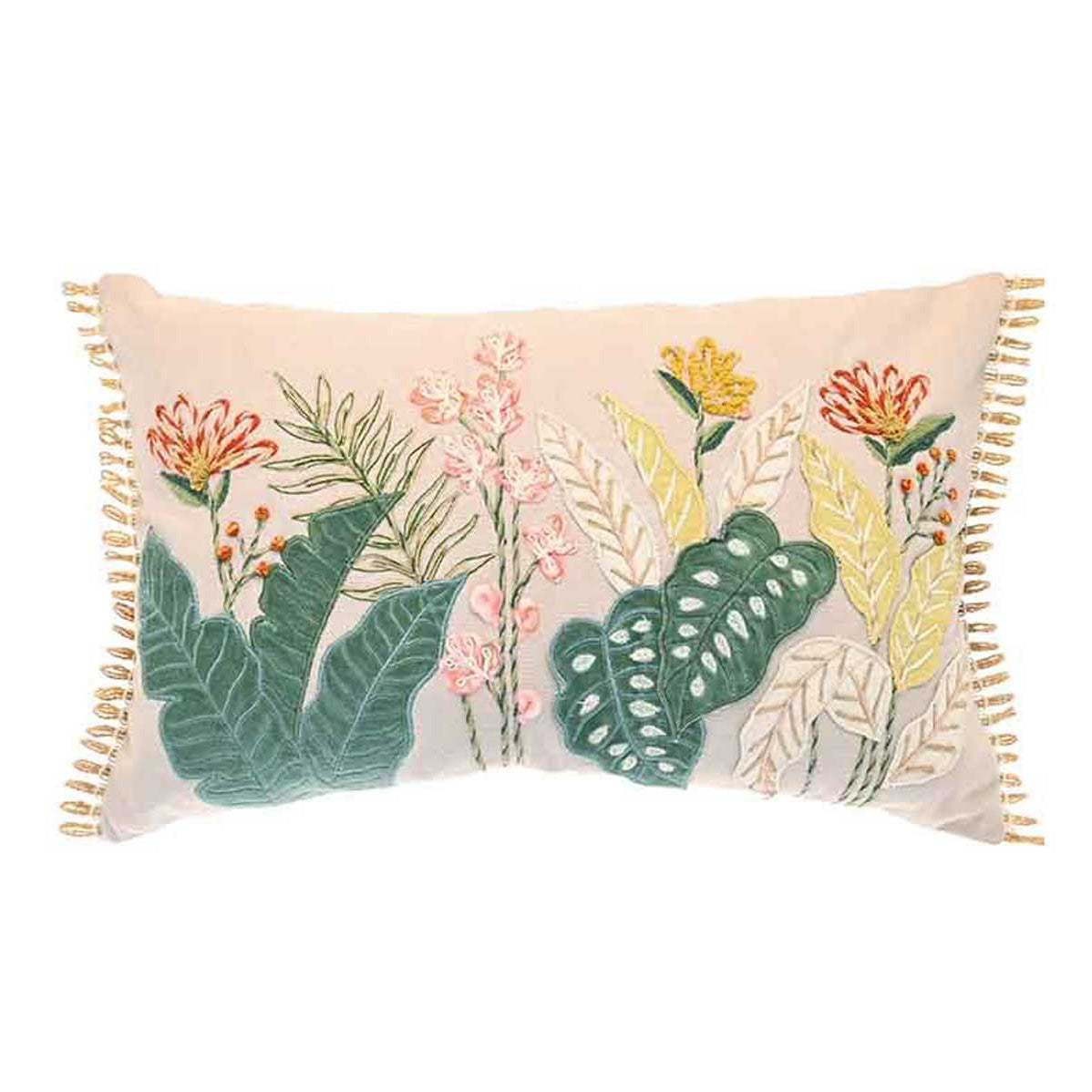 Embroidered Tropical Flowers Cushion