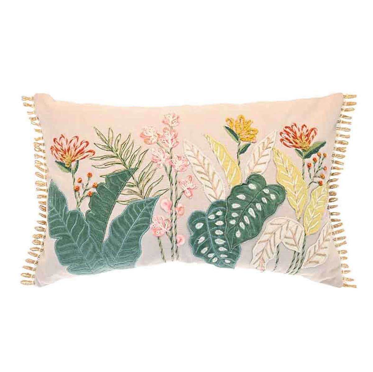 Embroidered Tropical Flowers Cushion