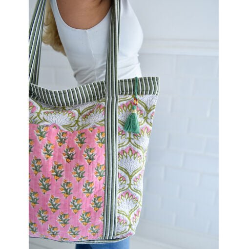 Green and Pink Block Printed Small Quilted Tote Bag