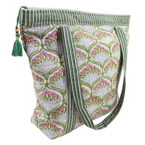 Green and Pink Block Printed Small Quilted Tote Bag