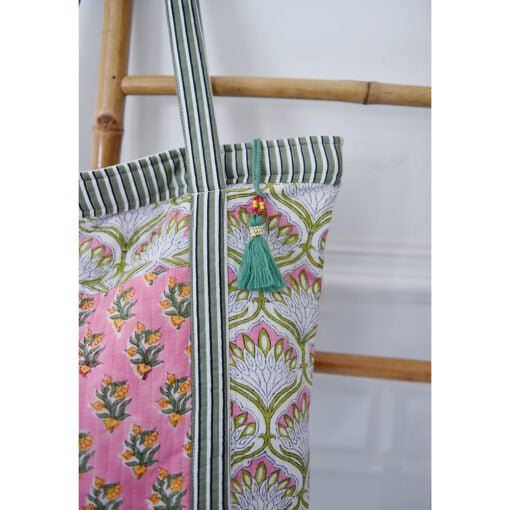 Green and Pink Block Printed Small Quilted Tote Bag