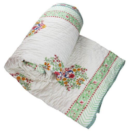 Green and White Floral Print Cotton Bedspread