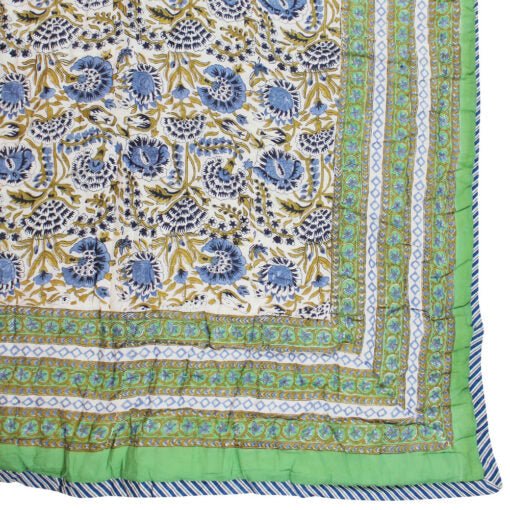 Green & Blue Floral Print Cotton Bedspread