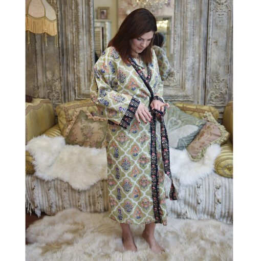 Green Framed Small Floral Block Print Dressing Gown
