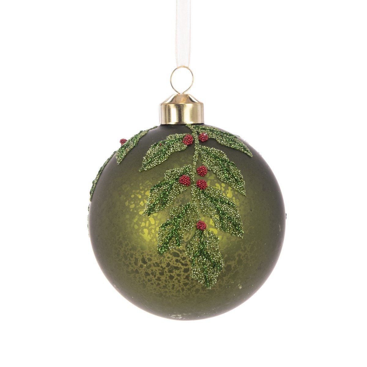Green Holly Glass Bauble 8cm - Angela Reed - Christmas Decorations