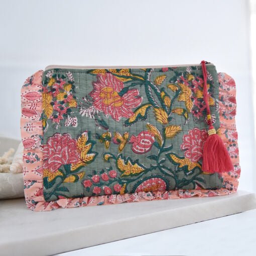 Green, Lemon and Pink Mixed Fabric Quilted Make Up Bag