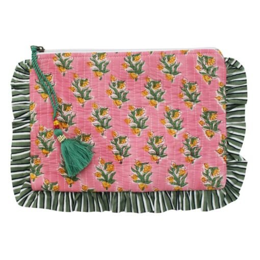 Green Ogee and Pink Mixed Fabric Quilted Make Up Bag