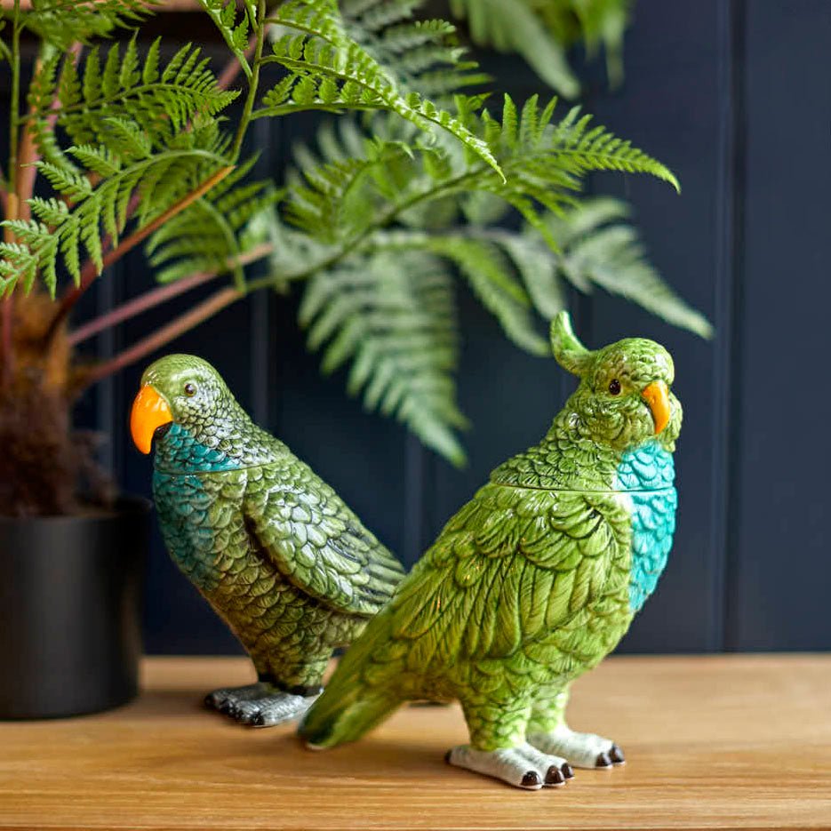 Green Parrot Ceramic Jar, Turning Head