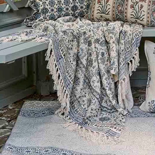 Handblock Printed Throw, Ink Blue