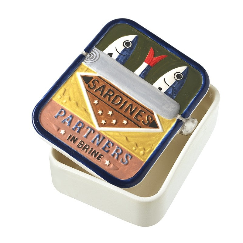 Rectangular ceramic pot with a lid designed to look like a sardine tin, featuring colourful fish illustrations.