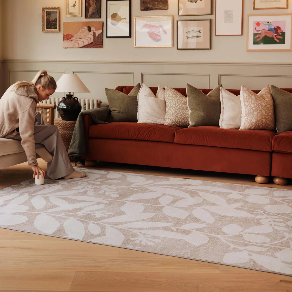 Hug Rug Eco-Washable Eden Leaves Natural Rug 120 x 185cm,160 x 230cm,185 x 275cm,75 x 220cm runner