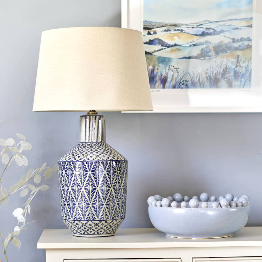 Indigo Diamond Patterned Lamp with Shade