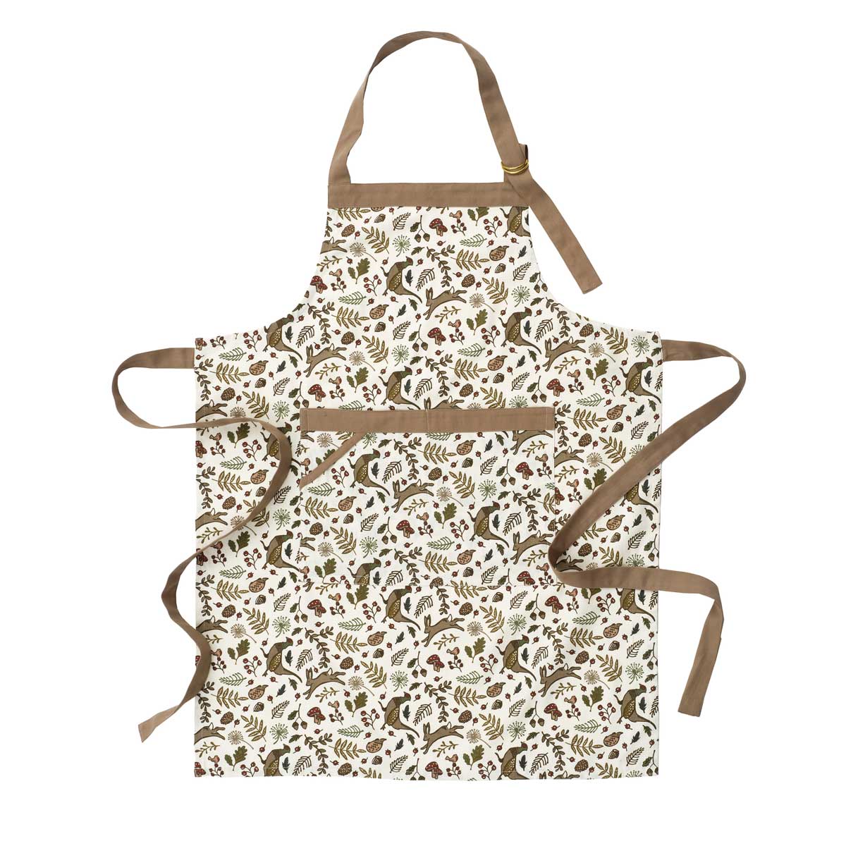 Into the Woods cotton apron with woodland hare and foliage print, featuring brown adjustable ties and front pocket.