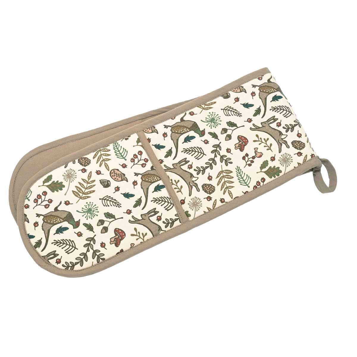 Into the Woods double oven glove with woodland wildlife print featuring hares, pheasants and foliage on a cream base.