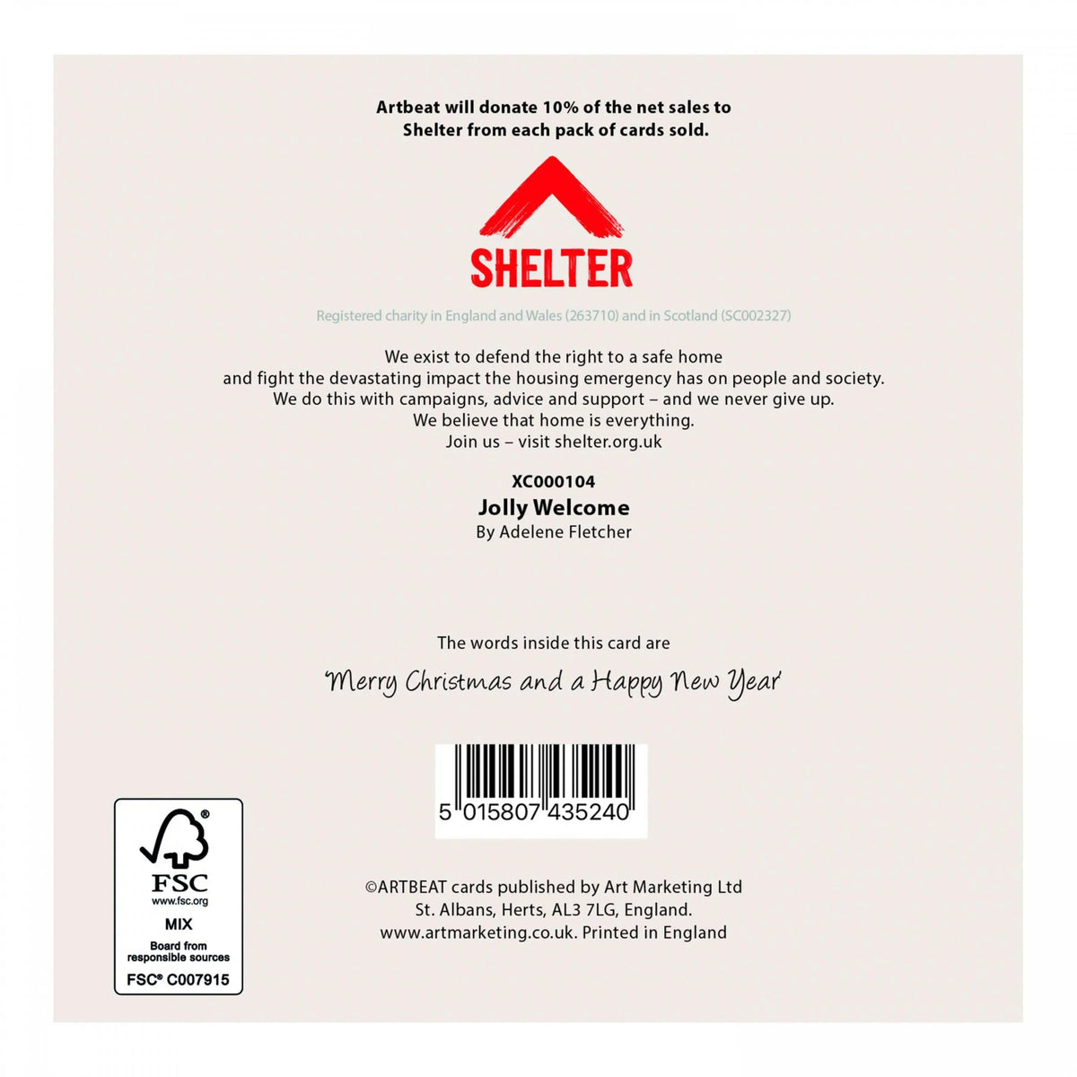 Reverse of the Jolly Welcome card showing the Shelter charity donation details and FSC logo.