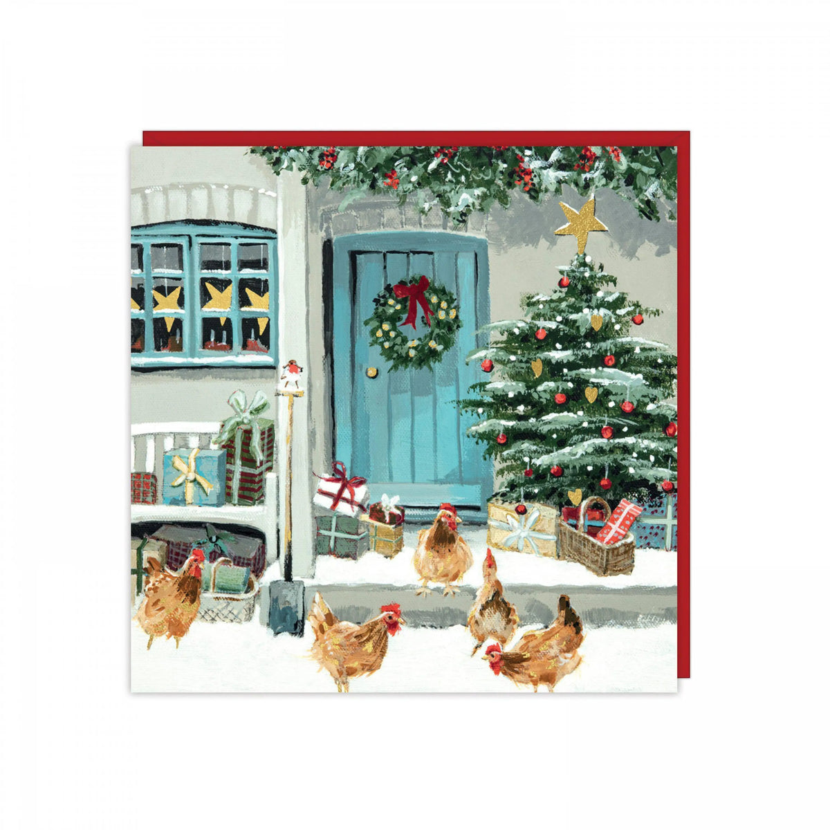 Jolly Welcome Christmas card featuring a blue door with a wreath, chickens in snow, and a decorated tree.