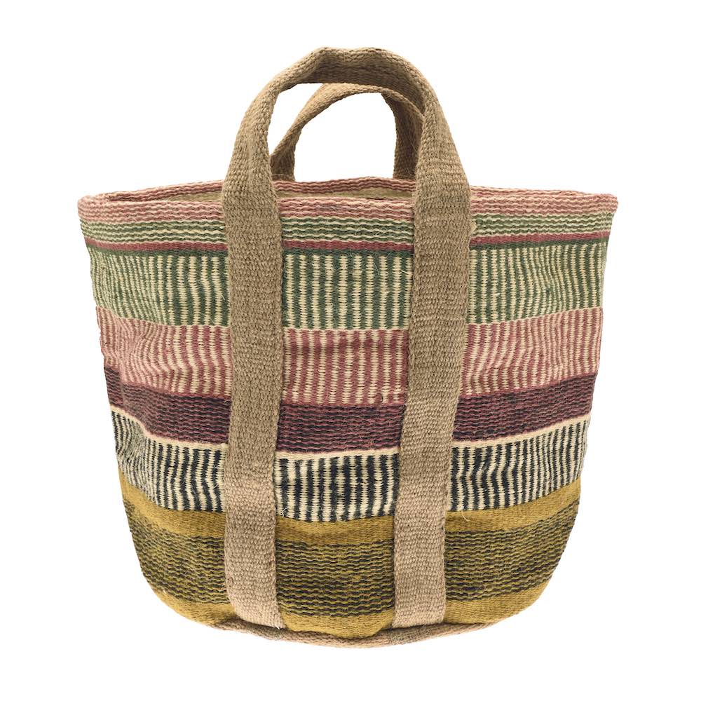 Multi-coloured striped jute storage basket with woven carry handles against a white background.
