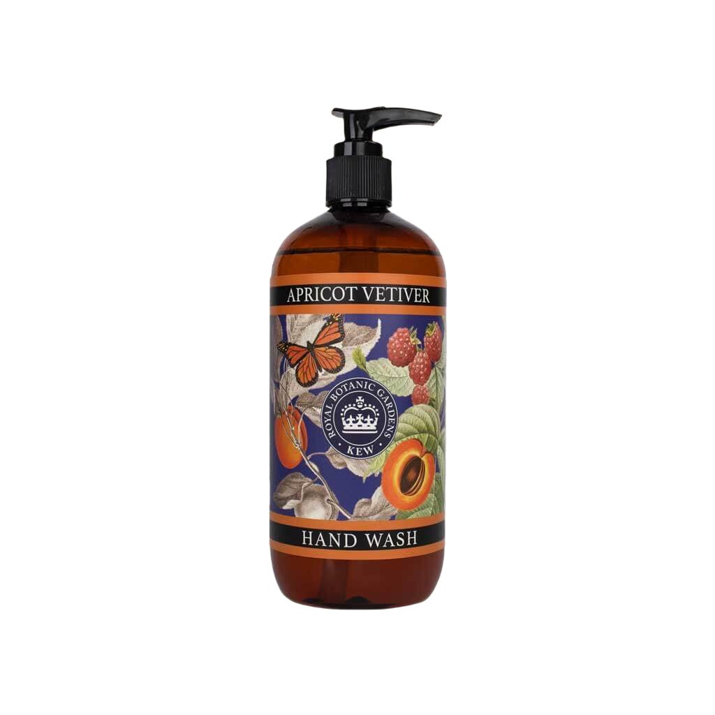 Amber bottle of Apricot Vetiver Hand Wash featuring a butterfly and fruit botanical illustration on a blue label.