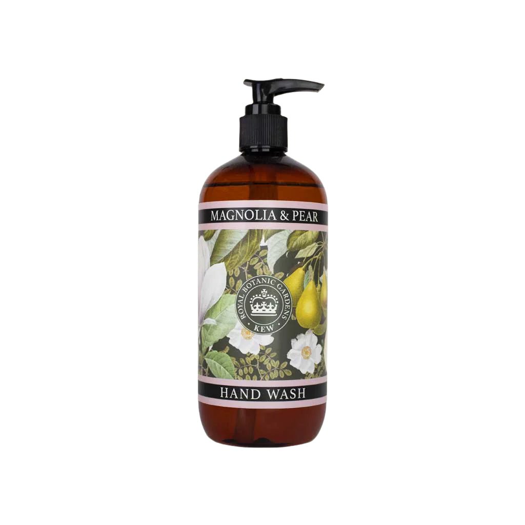 500ml amber bottle of Magnolia and Pear hand wash with botanical illustrations and a black pump top.