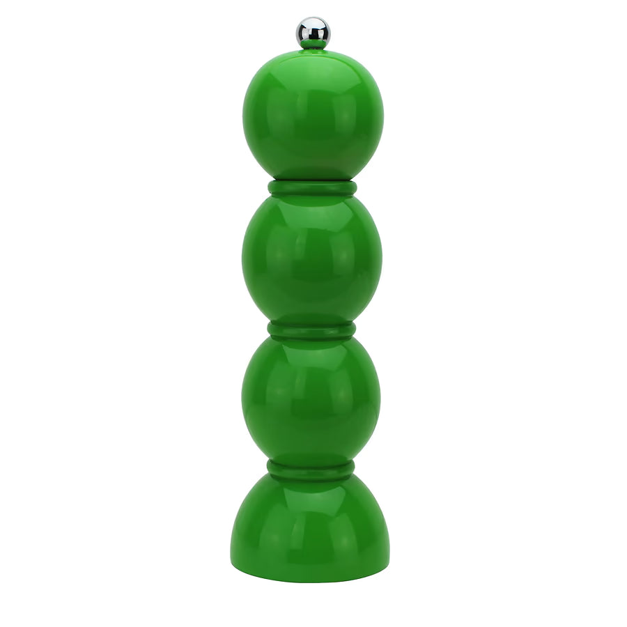 Leaf green high gloss bobbin shaped salt and pepper grinder with a silver screw knob
