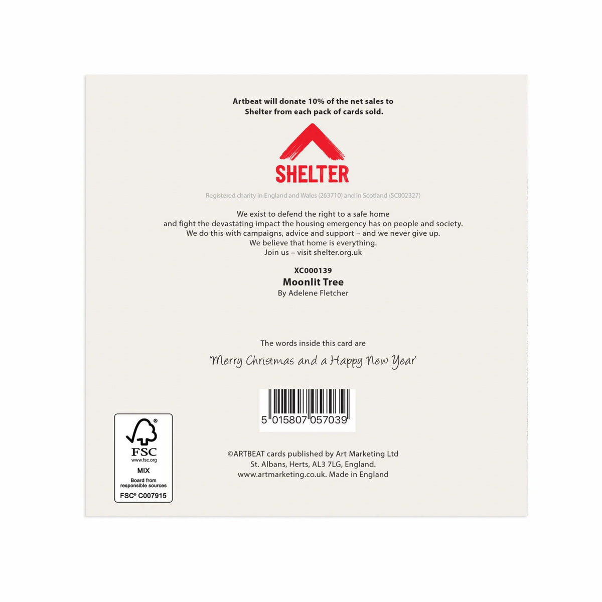Reverse of Moonlit Tree Christmas card showing Shelter charity donation details and the internal greeting message.