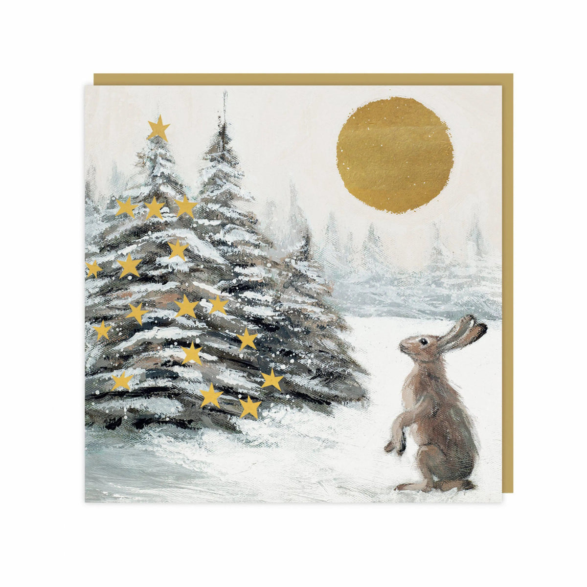 Moonlit Tree card featuring a painted bunny looking at a gold moon and star-covered Christmas tree with a gold envelope.