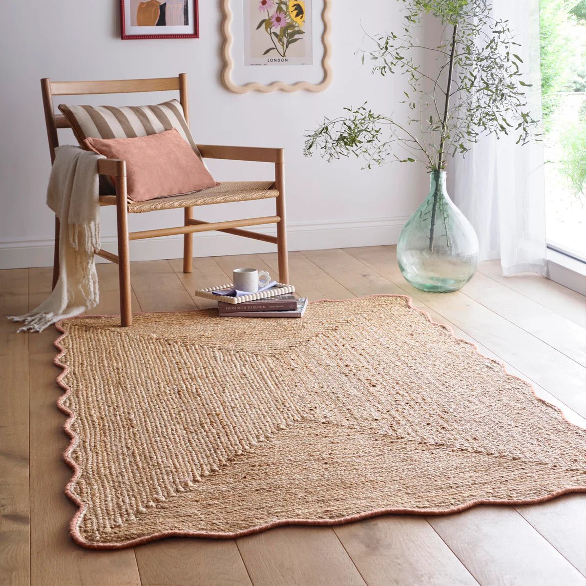 Origins Jute Scalloped Edge Rug, Peach 120 x 170cm,160 x 230cm,67 x 200cm runner