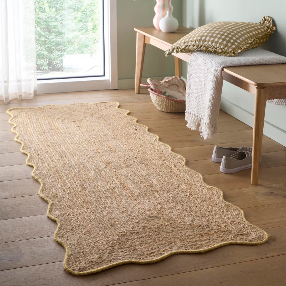 Origins Jute Scalloped Edge Rug, Yellow 120 x 170cm,160 x 230cm,67 x 200cm runner