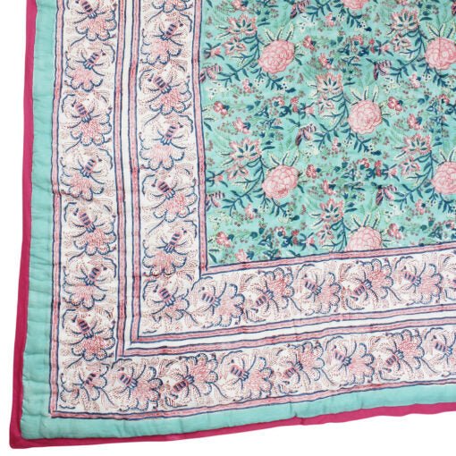Pale Turquoise Floral Print Cotton Bedspread