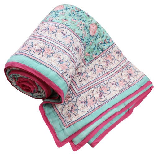 Pale Turquoise Floral Print Cotton Bedspread