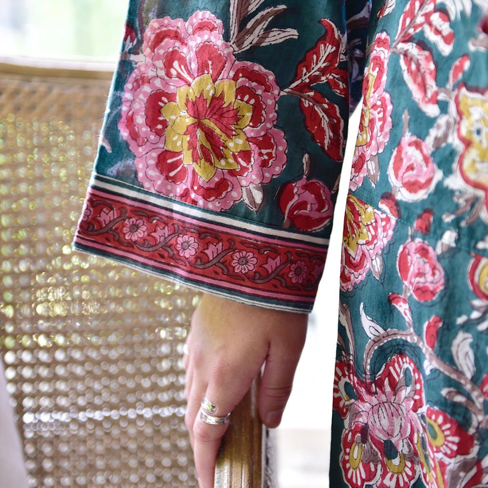 Pine Green and Red Block Print Dressing Gown
