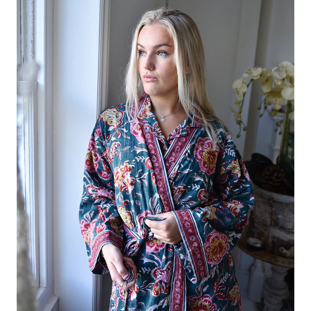 Pine Green and Red Block Print Dressing Gown