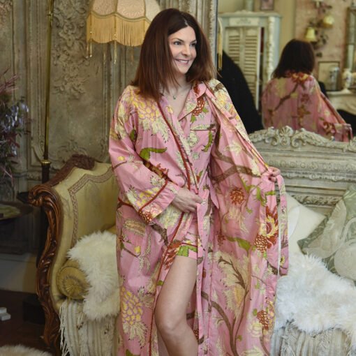 Pink, Cream & Burnt Orange Large Botanical Print Dressing Gown