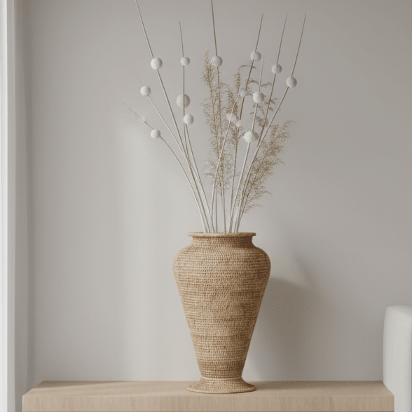 Rattan Egypt Pot styled on a wooden bench with tall decorative dried stems and white pom-pom accents.