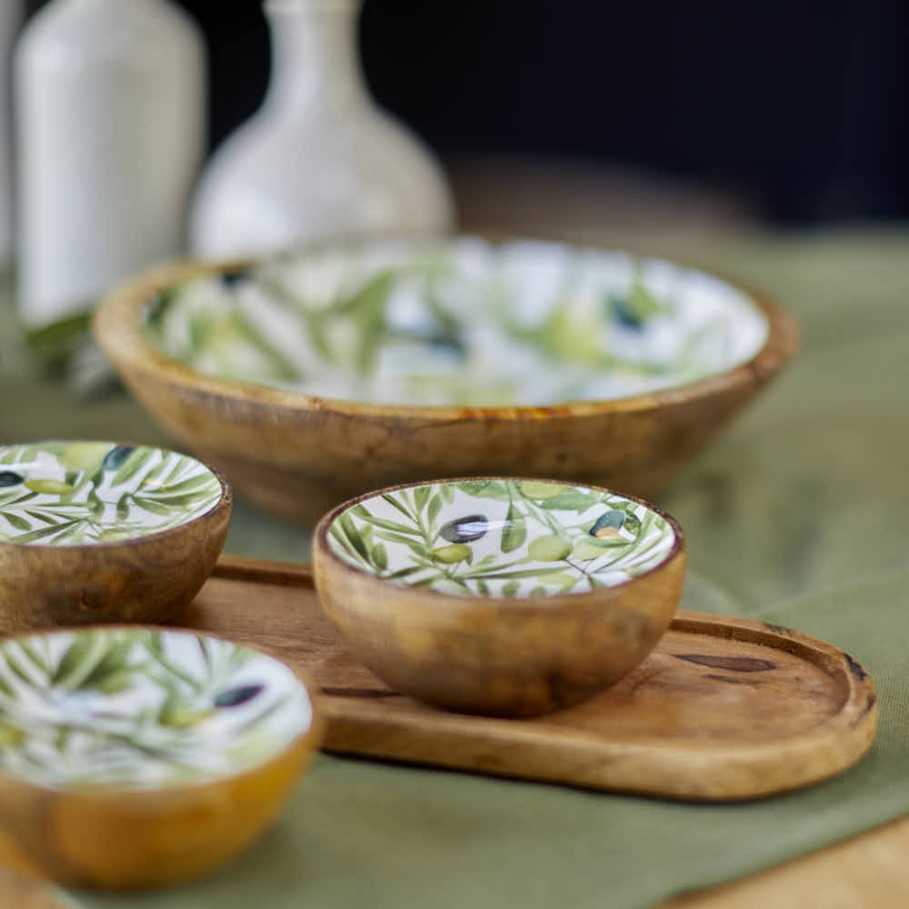 Set of 3 Small Mango Wood Dipping Bowls, Olives - Angela Reed -