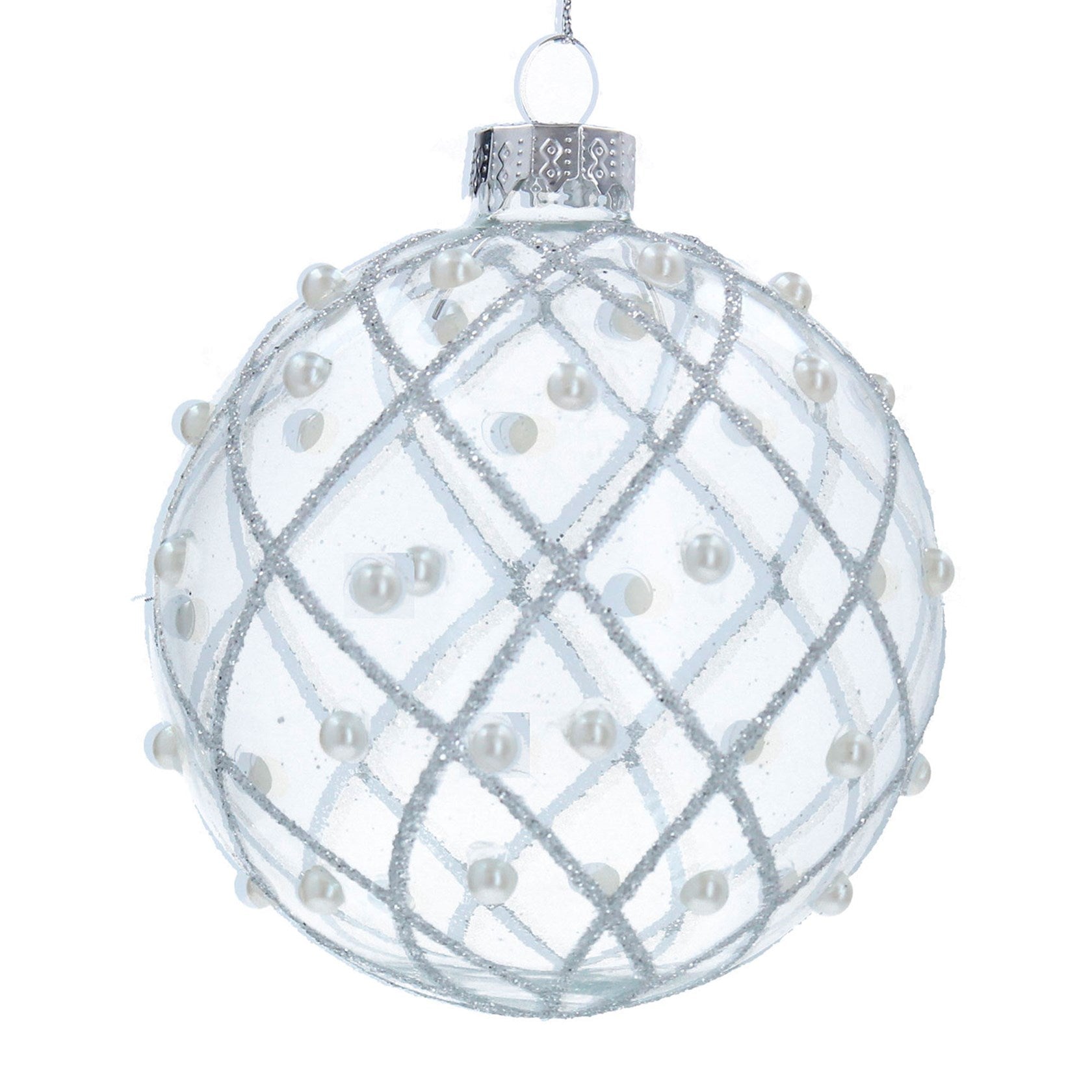 Silver Glitter Trellis and Pearl Bauble - Angela Reed - Christmas Decorations